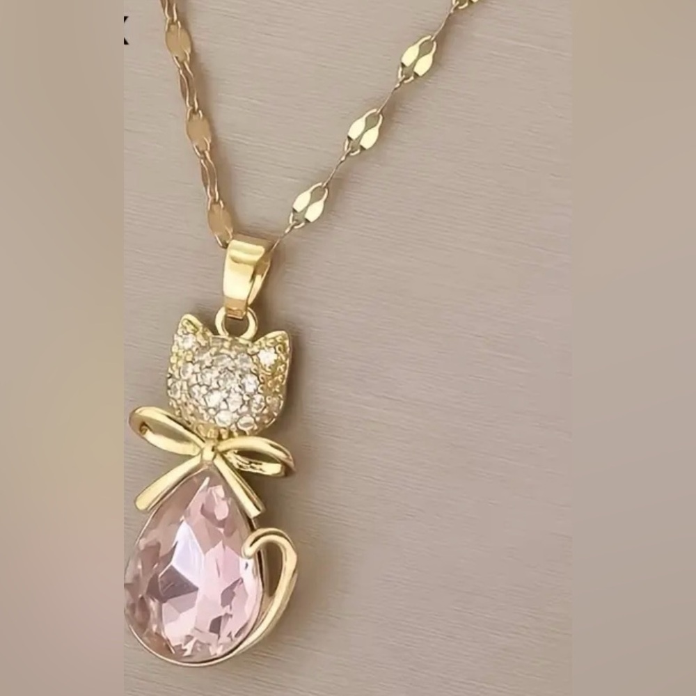 Gold Pink Gemstone Cat Necklace. - Picture 3 of 5